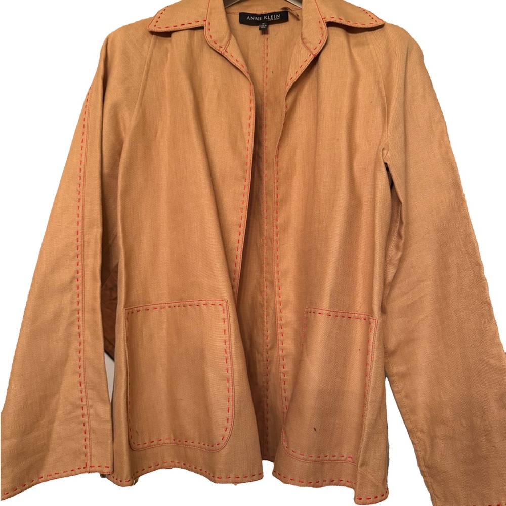 Anne Klein Caramel Linen Blazer with Orange Topstitching